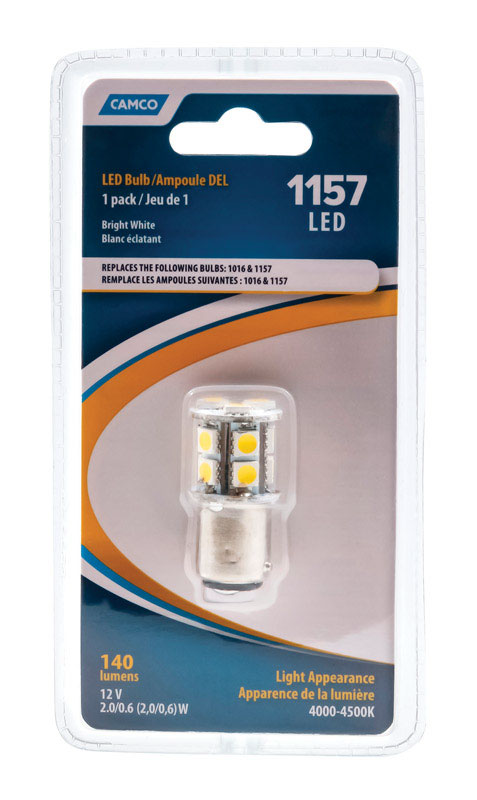 Camco 1157 LED replacement automotive bulb, bright white, 140 lumens.