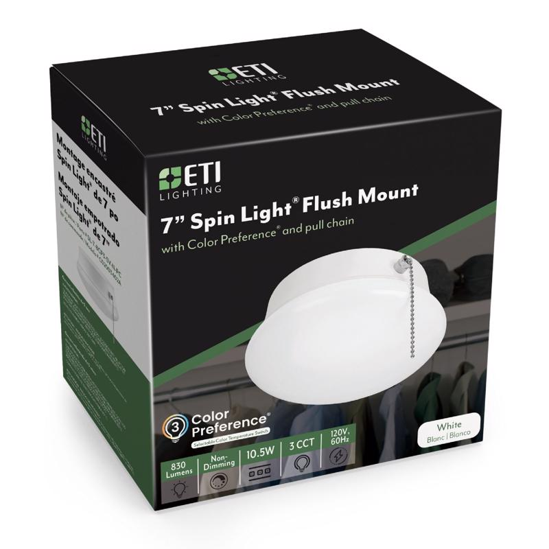 ETI Lighting 7-inch Spin Light flush mount retail box, white, 10.5W, 3 CCT.
