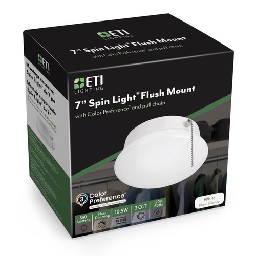 ETI Lighting 7-inch Spin Light flush mount retail box, white, 10.5W, 3 CCT.