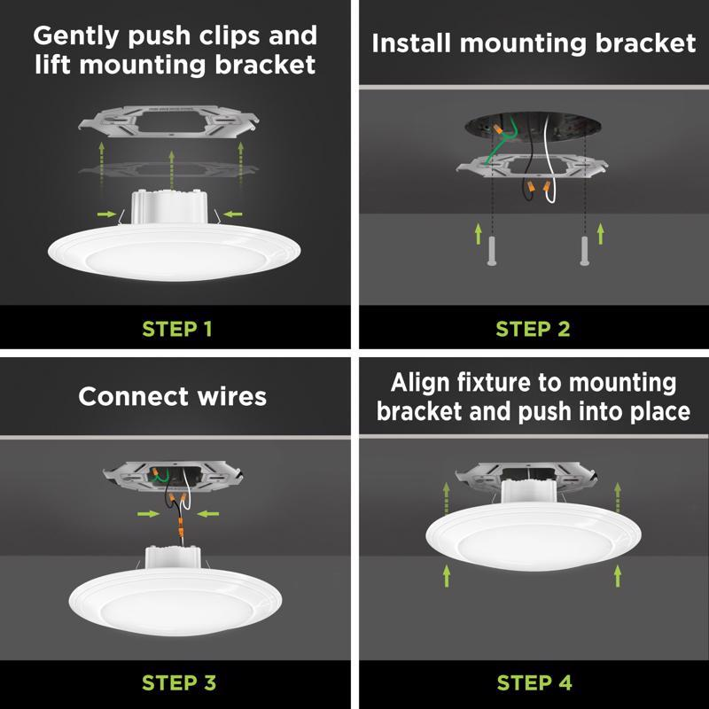 Feit Electric ceiling downlight manufacturer illustration showing mounting bracket removal, mounting, wiring and fixture attachment.