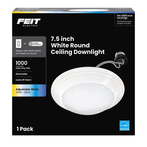 Feit Electric 7.5-inch white round LED ceiling downlight retail package, 12 watts, 1000 lumens, one pack.
