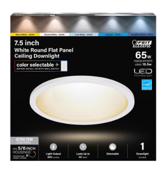Feit Electric 7.5-inch white round flat-panel ceiling downlight package, color selectable, dimmable, 10.5 watts.