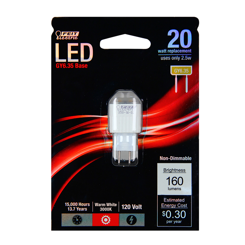 Feit Electric GY6.35 base LED bulb, warm white 3000K, 20W replacement using 2.5W, 160 lumens.