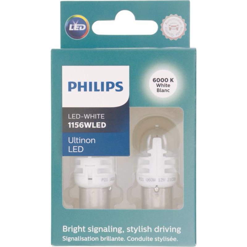 Philips Ultinon 1156WLED bright white automotive LED bulb package.